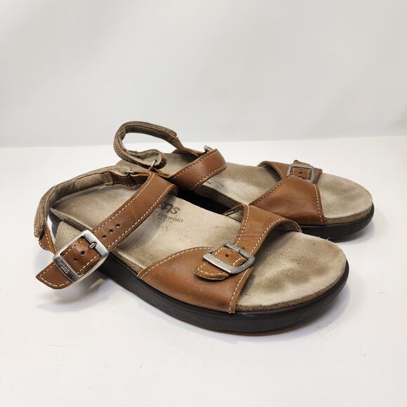 SAS Women Brown Leather Ankle Strap Sandal Size 8 Wide Comfort Flats Strappy - Picture 1 of 8